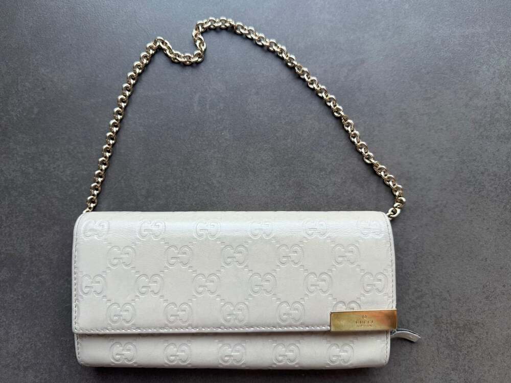 Gucci Guccissima White Leather Long Wallet on Chain Continental Snap Wallet